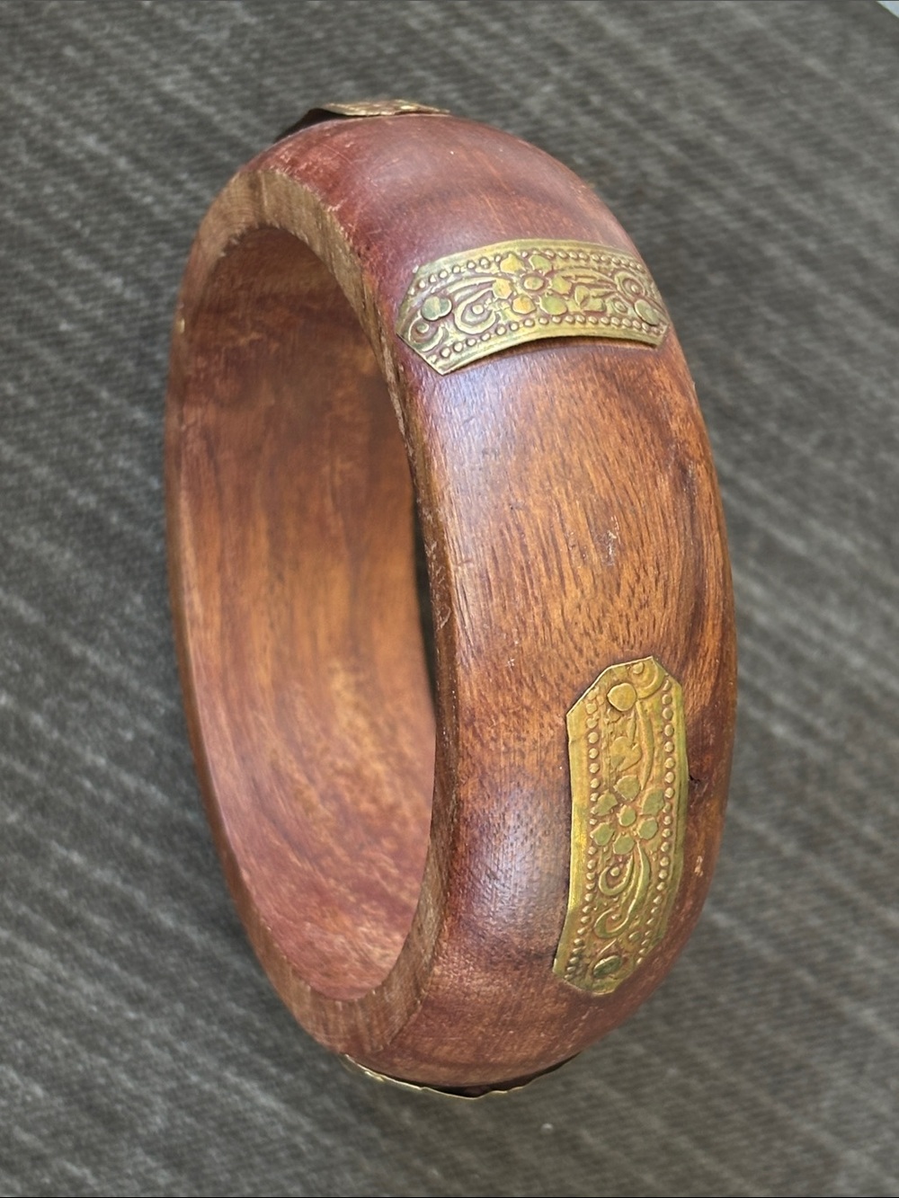 Wooden Bangle Bracelet with Brass Accents - Brown
